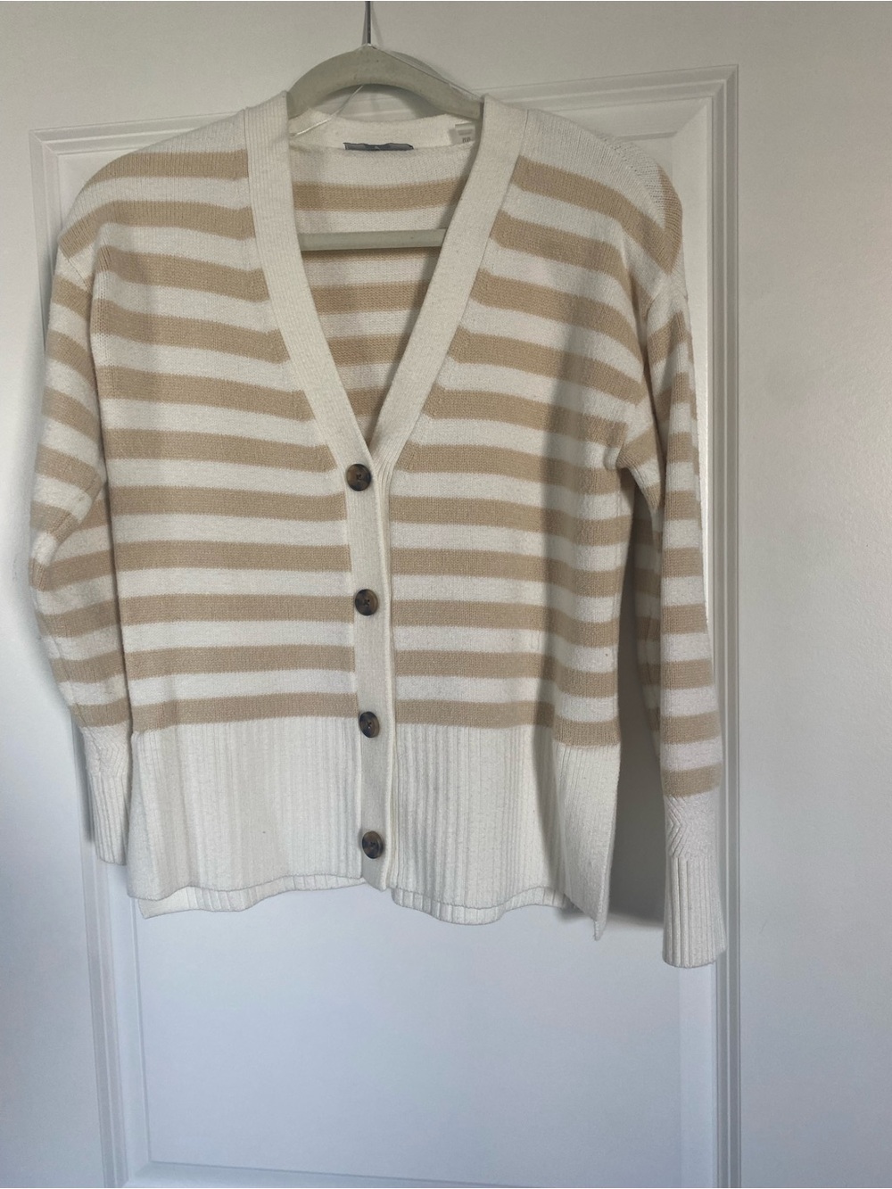 Tahari Cream and Tan Striped V-Neck Button Cardigan